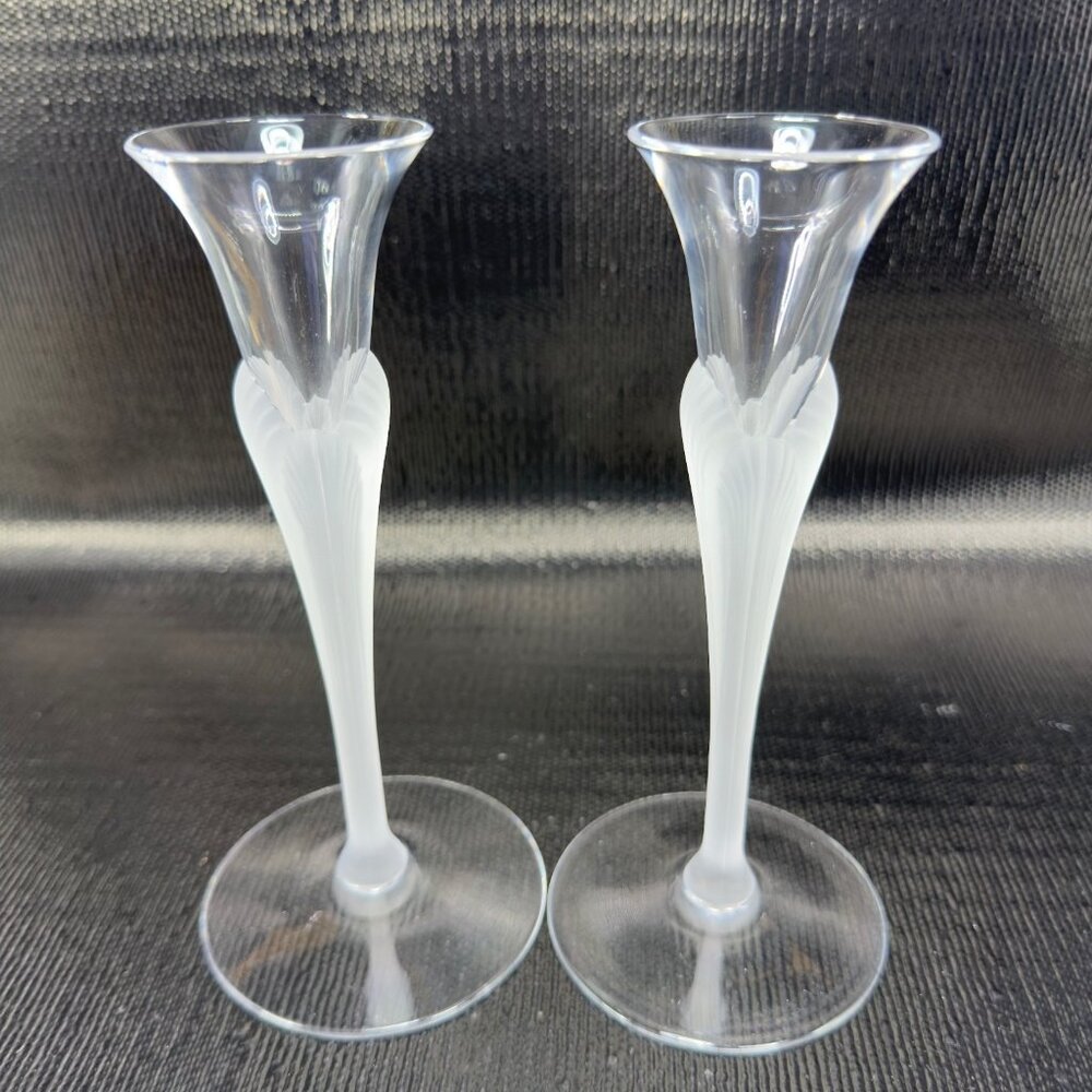 Sasaki Aegean Clear Frosted Stems Glass Crystal Candlestick Holder Set 2 Vintage - Picture 1 of 13